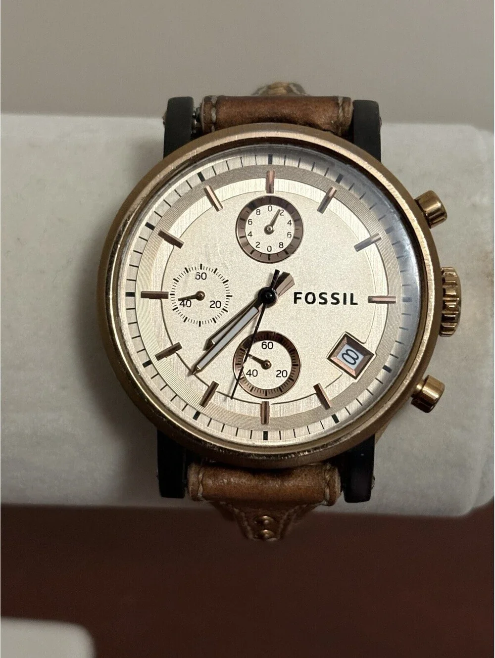 Fossil The Original Boyfriend Women’s ES3786 Watch Rose Gold Tone Leather Band